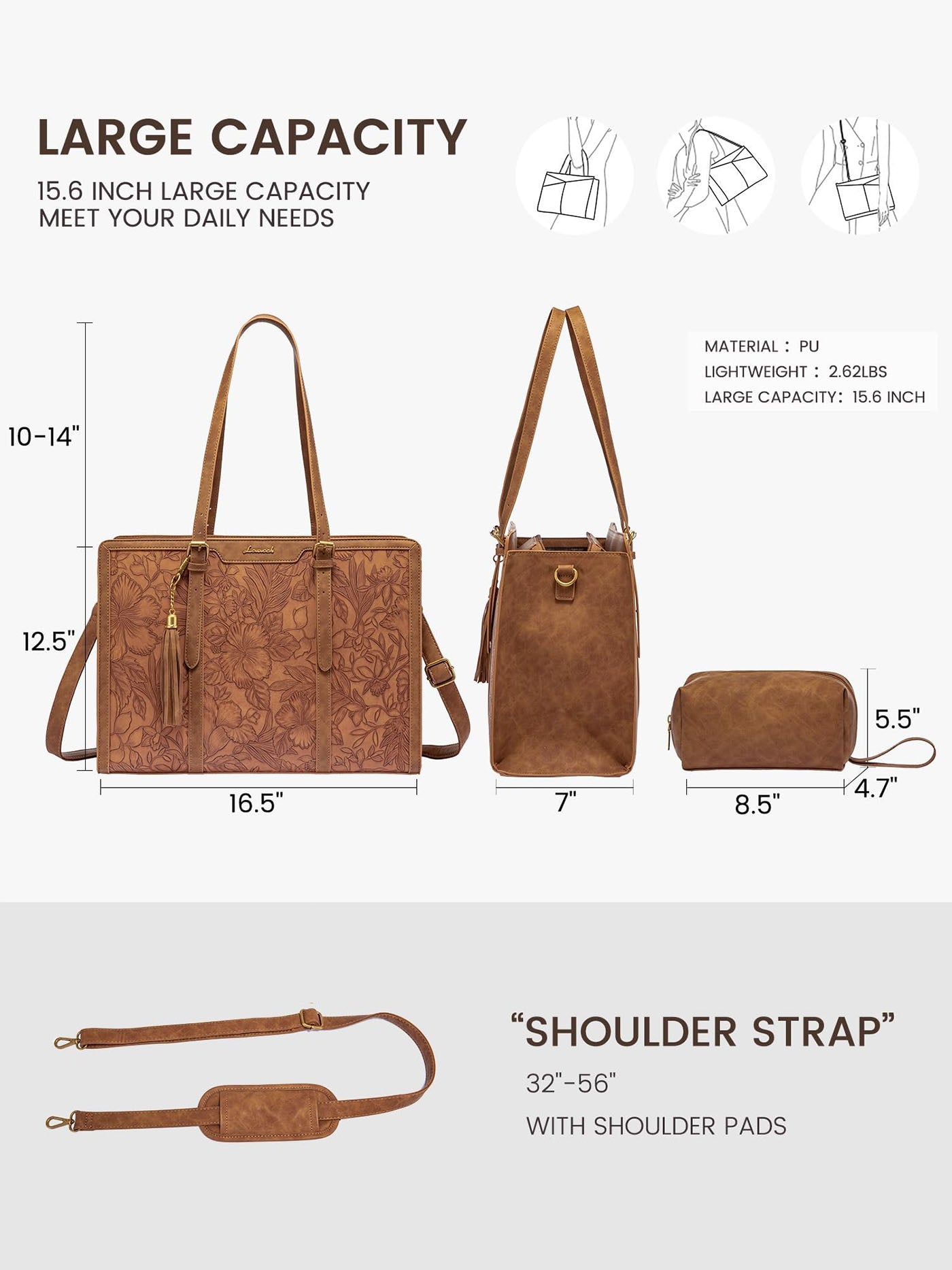 Vintage Embossed Leather Laptop Tote. 15.6 17.3 - Image 3