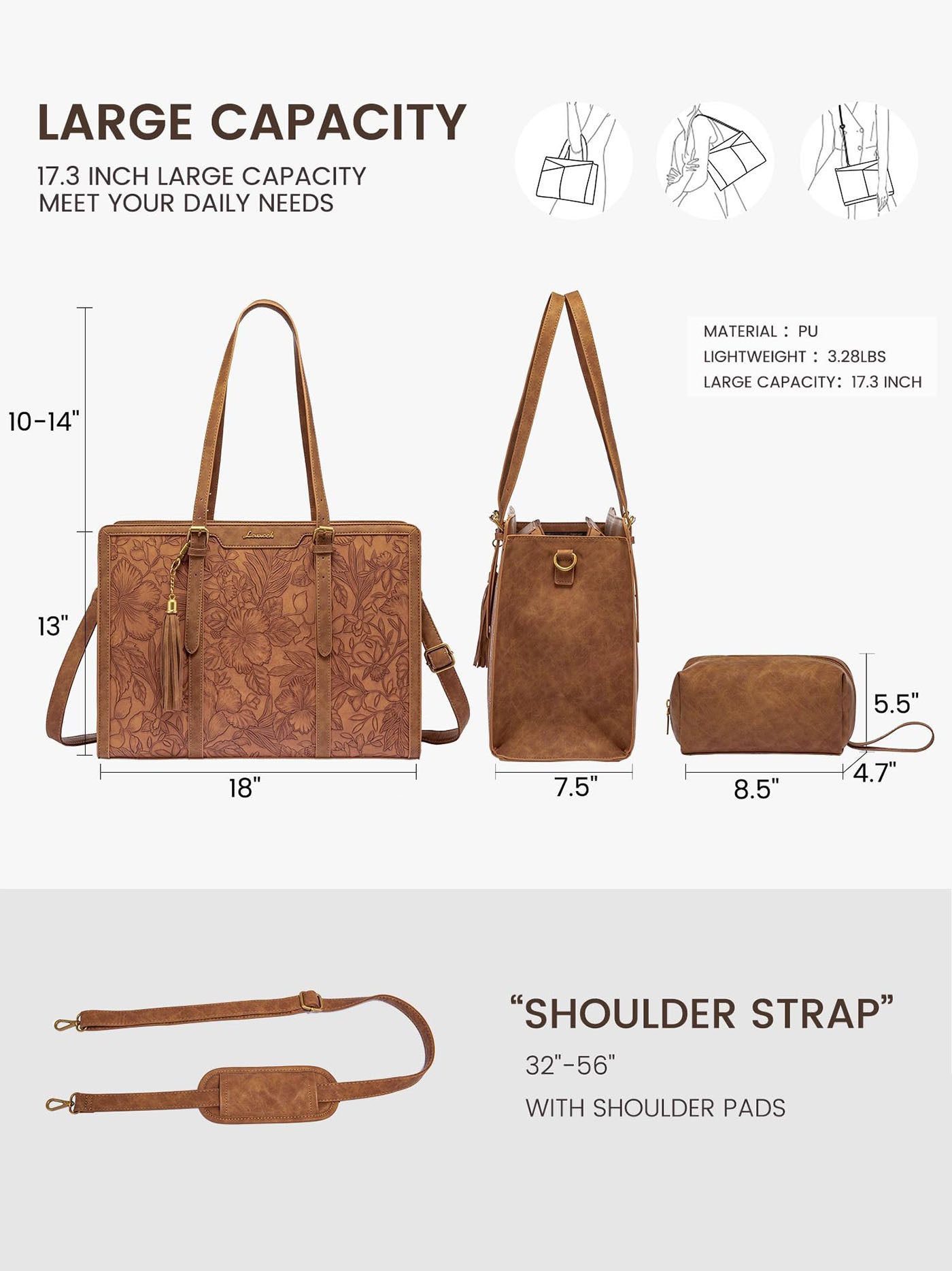 Vintage Embossed Leather Laptop Tote. 15.6 17.3 - Image 4