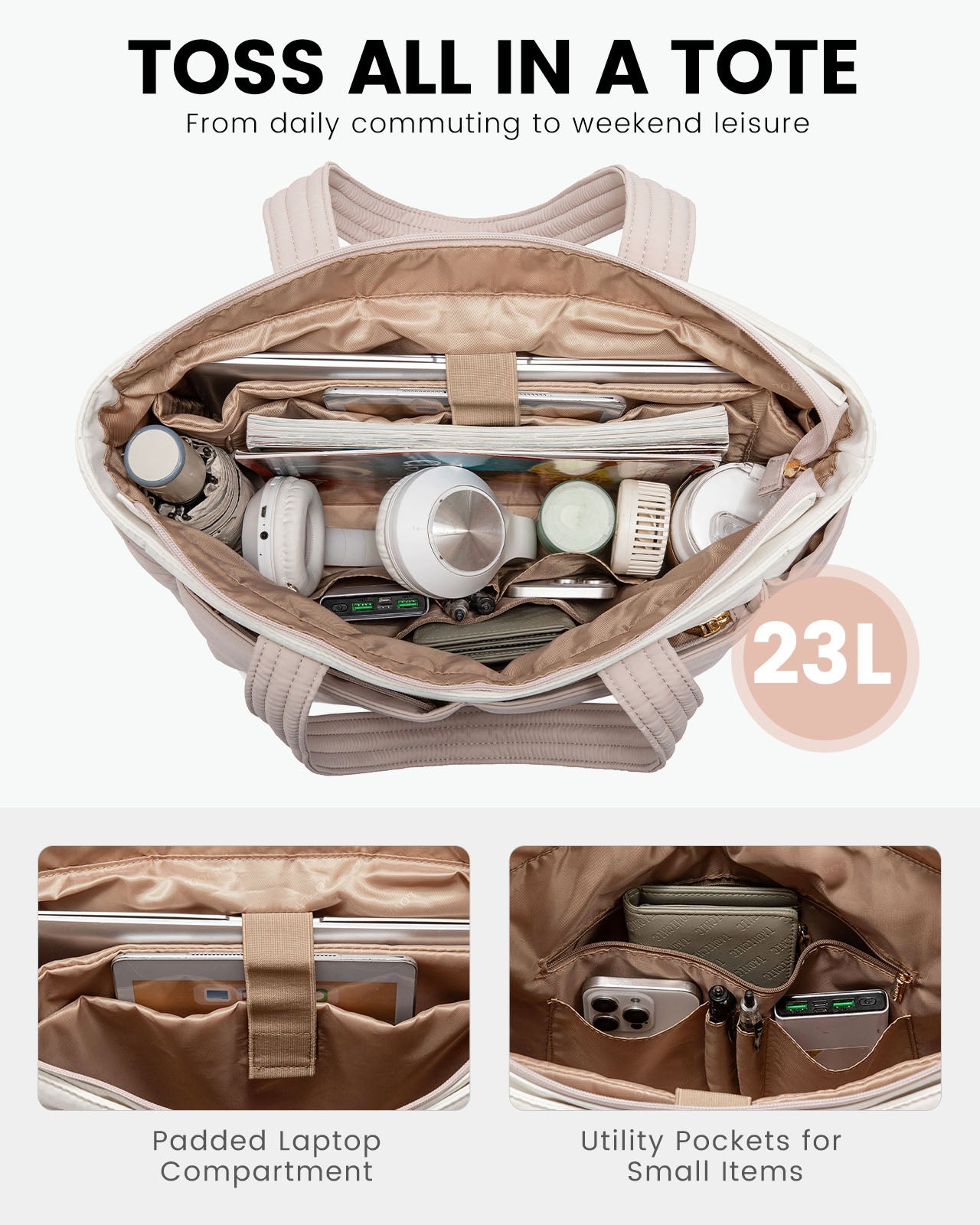 2Pcs Multi-pocket Puffer Tote Bag. 15.6 17.3 - Image 3